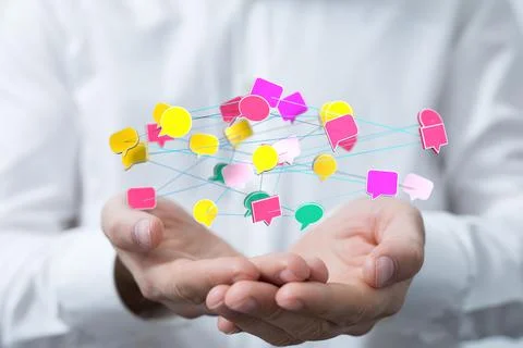 Person presenting the 3D render of communication concept with speech bubbles Stock Photos