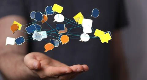 Person presenting the 3D render of a communication concept with speech bubbles Stock Photos