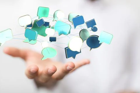 Person presenting the 3D render of a communication concept with speech bubbles Stock Photos