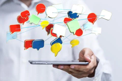 Person presenting the 3D render of a communication concept with speech bubbles Stock Photos