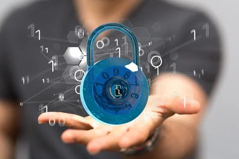 A person presenting 3D render of cybersecurity digital lock symbol with binar Foto stock