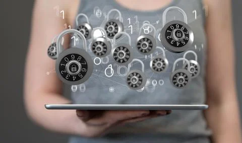 Person presenting the 3D render of cybersecurity and information concept 写真素材