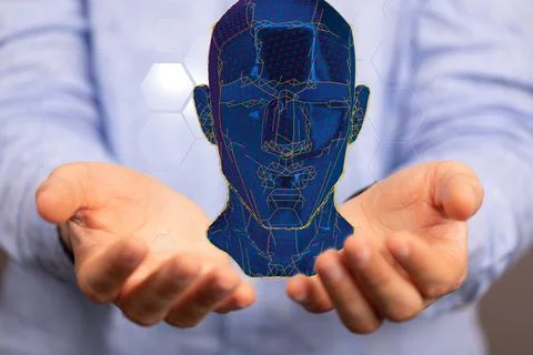 A person presenting a 3D render of a cyborg head construction - artificial in Foto stock