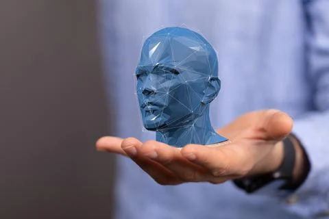 A person presenting a 3D render of a cyborg head construction - artificial in Foto stock