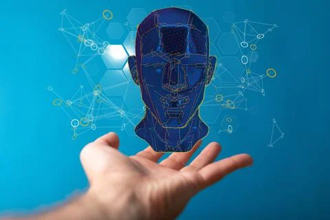 A person presenting a 3D render of a cyborg head construction - artificial in Foto stock