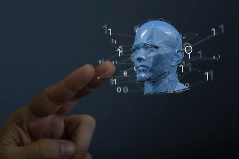 A person presenting a 3D render of a cyborg head construction - artificial in Foto stock
