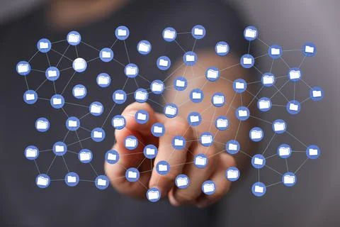 Person presenting a 3D render of data network icons Stock Photos
