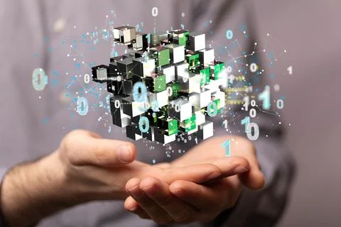 A person presenting a 3D render of data cloud storage network from lines, tri Stock Photos