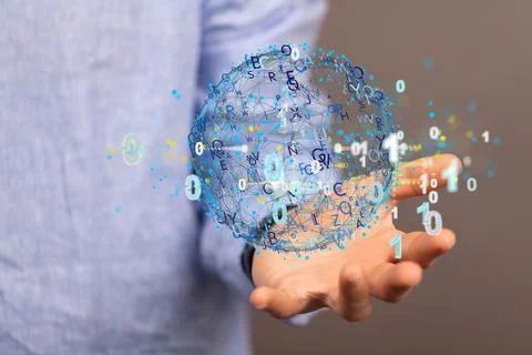 A person presenting a 3D render of data security icons - Cloud technology and Stock Photos