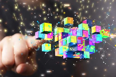 Person presenting a 3D render of data network symbols 스톡 사진