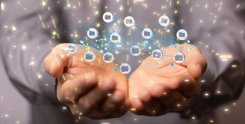 Person presenting a 3D render of data network symbols Stock Photos