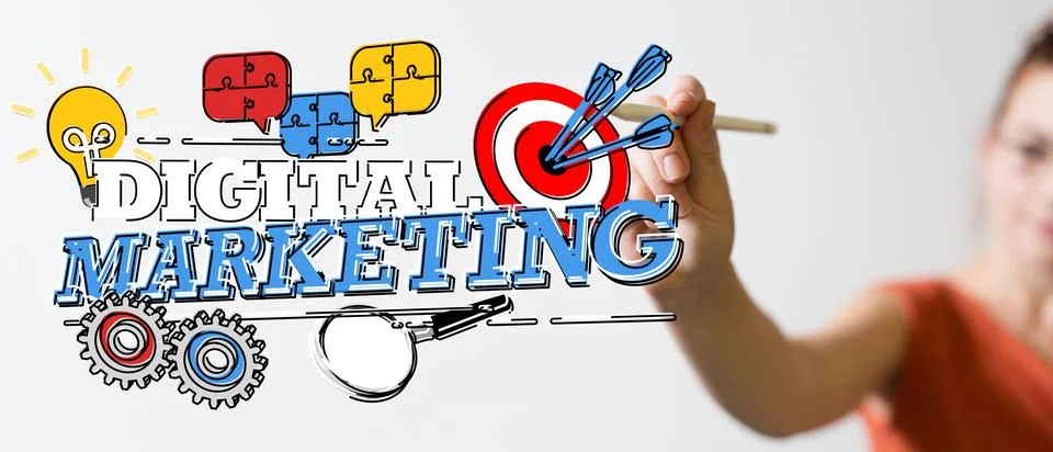 Person presenting a 3D render of Digital Marketing sign Illustrazione stock