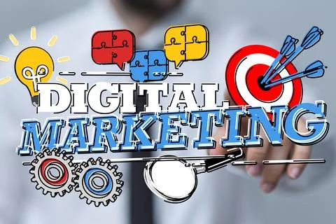 Person presenting a 3D render of Digital Marketing sign Illustrazione stock