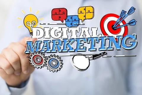 Person presenting a 3D render of Digital Marketing sign Stock Illustration