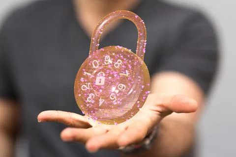 A person presenting the 3D render of digital locks - cybersecurity and inform Stock Photos