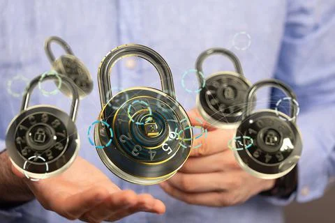 A person presenting the 3D render of digital locks - cybersecurity and inform Stock Photos