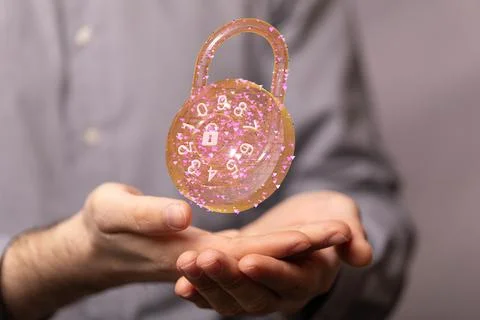 A person presenting the 3D render of digital locks - cybersecurity and inform Stock Photos