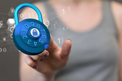 A person presenting the 3D render of digital locks - cybersecurity and inform Foto stock