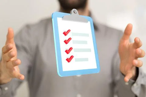 Person presenting a 3D render of digital checklist or to do-list displayed Stock Photos