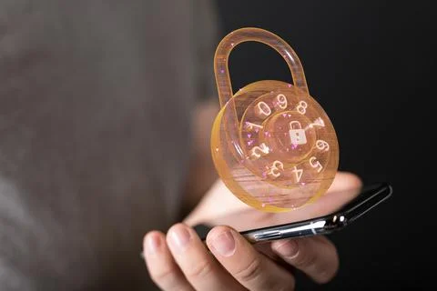 A person presenting 3D render of digital lock - cybersecurity and information Foto stock