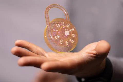 A person presenting 3D render of digital lock - cybersecurity and information Foto stock