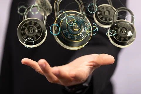 A person presenting 3D render of digital locks - cybersecurity and informatio Stock Photos