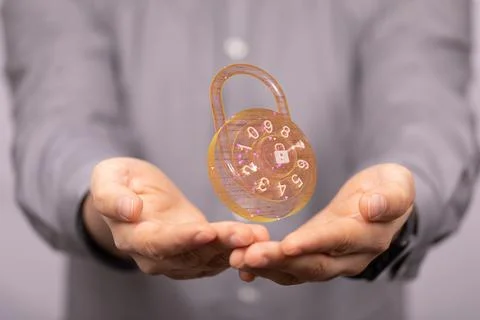 A person presenting 3D render of digital lock - cybersecurity and information Foto stock