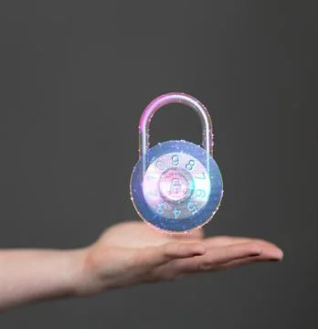A person presenting 3D render of digital lock - cybersecurity and information Foto stock