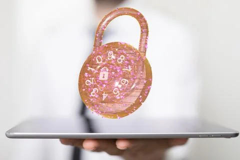 A person presenting 3D render of digital lock - cybersecurity and information Foto stock
