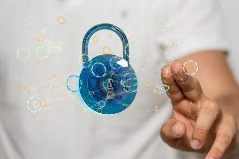 A person presenting 3D render of digital lock - cybersecurity and information Foto stock