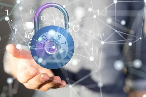 A person presenting 3D render of digital lock - cybersecurity and information Foto stock