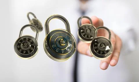 A person presenting 3D render of digital locks - cybersecurity and informatio Foto stock