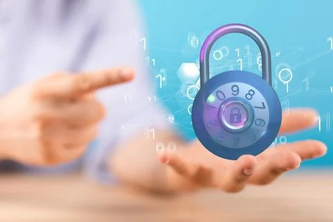 A person presenting 3D render of digital lock - cybersecurity and information Foto stock