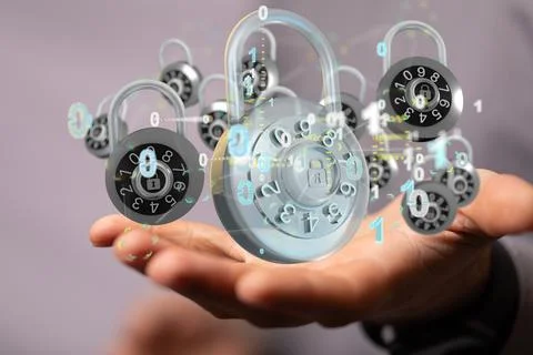 A person presenting 3D render of digital locks - cybersecurity and informatio Foto stock