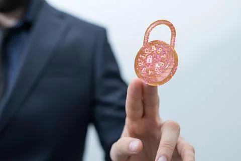 A person presenting 3D render of digital lock - cybersecurity and information Foto stock