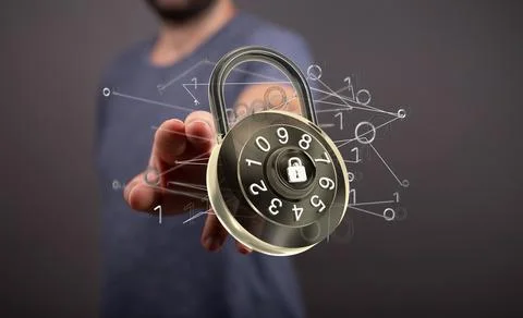 A person presenting 3D render of digital lock - cybersecurity and information Foto stock