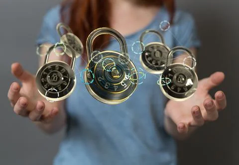 A person presenting 3D render of digital lock - cybersecurity and information Foto stock
