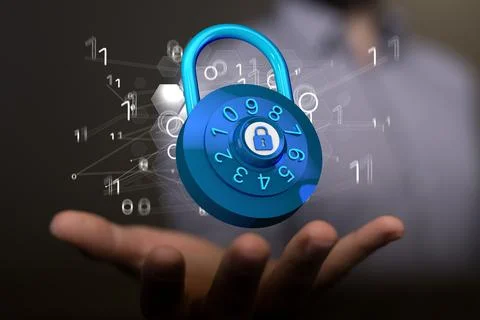 A person presenting 3D render of digital lock - cybersecurity and information Foto stock