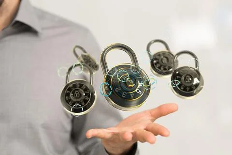 A person presenting 3D render of digital lock - cybersecurity and information Foto stock