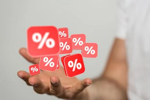 Person presenting a 3D render of discount and commission icons Stock Photos