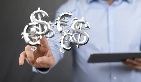 Person presenting the 3D render of dollar and euro symbols Foto stock