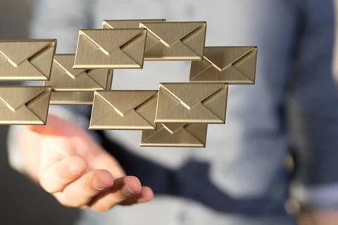 A person presenting the 3D render of email symbols - Network Communications v Foto stock