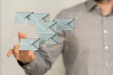 Person presenting a 3D render of Email Inbox Electronic Communication symbols Foto stock