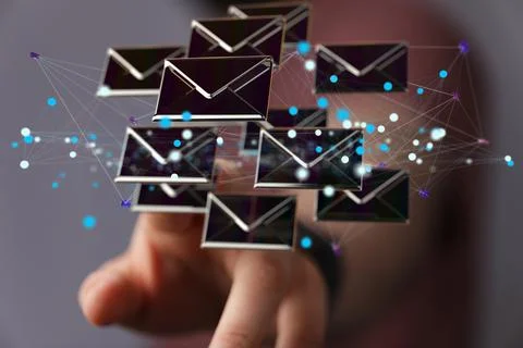 Person presenting a 3D render of Email Inbox Electronic Communication symbols Foto stock