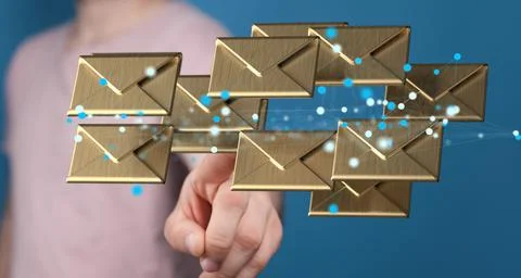 Person presenting a 3D render of Email Inbox Electronic Communication symbols Foto stock