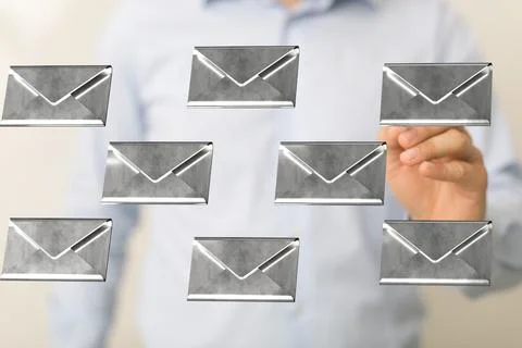 Person presenting a 3D render of email icons Foto stock