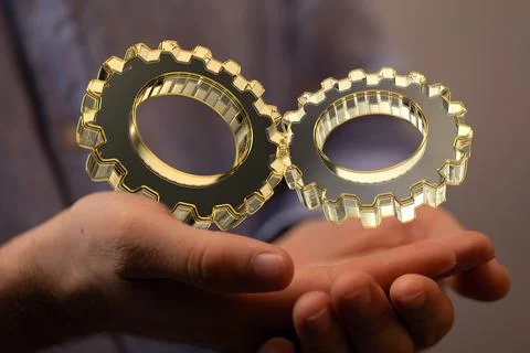 Person presenting a 3D render of Engineering And Design gears Stock Photos