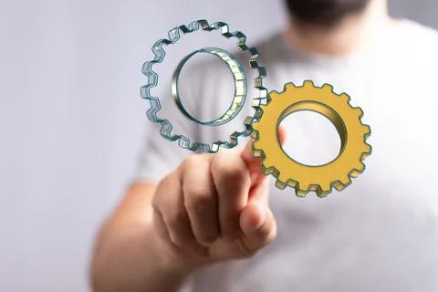 Person presenting a 3D render of Engineering And Design gears 스톡 사진