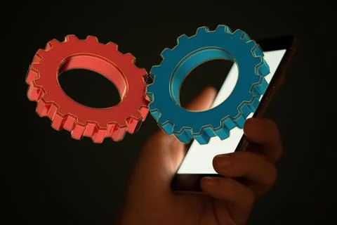 Person presenting a 3D render of Engineering And Design gears 스톡 사진
