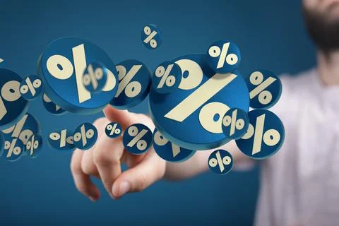 Person presenting 3D render of exploding discount cubes with percent symbols Stock Photos